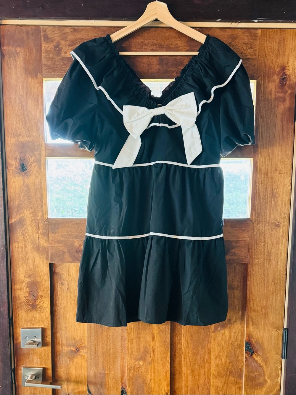 Main Strip Black Mini Dress with White Bow and Trim